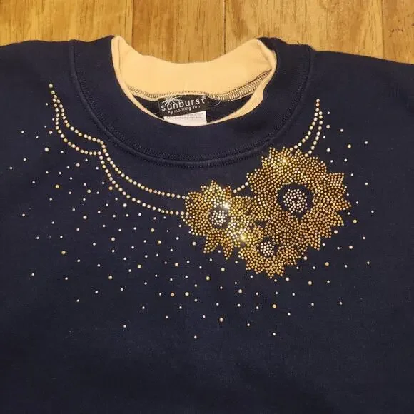 SUNBURST BY MORNING STAR BEDAZZLED SUNFLOWER NAVY BLUE GRANDMA SWEATHSHIRT - Picture 2 of 3